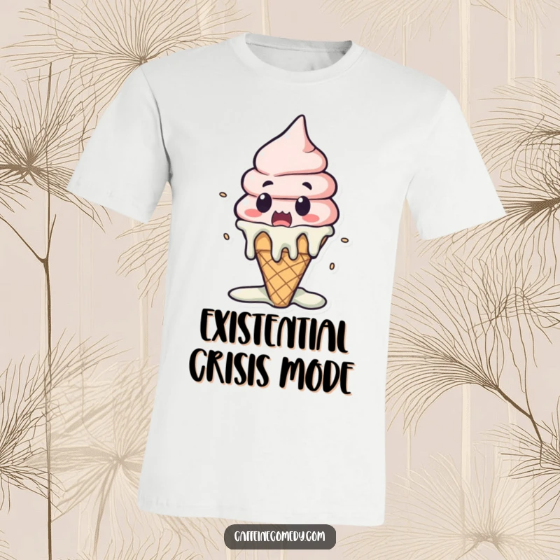 Funny Kawaii Ice Cream Melting T-Shirt: A surprised ice cream cone melts dramatically, showing off a humorous, cool style.