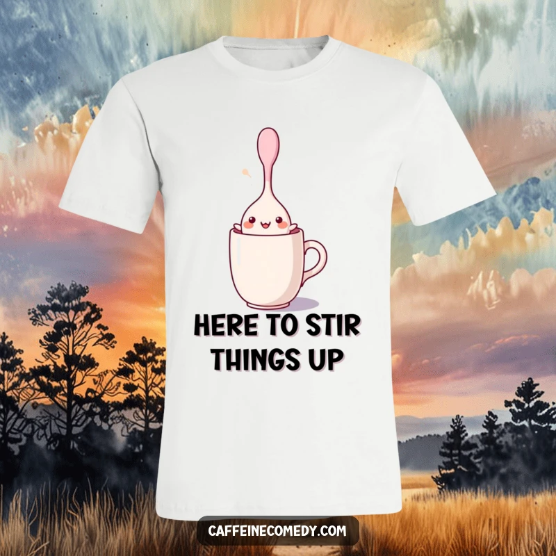 Funny kawaii stirring spoon character energetically dancing within a mug graphic on a comfortable t-shirt, perfect for casual wear.