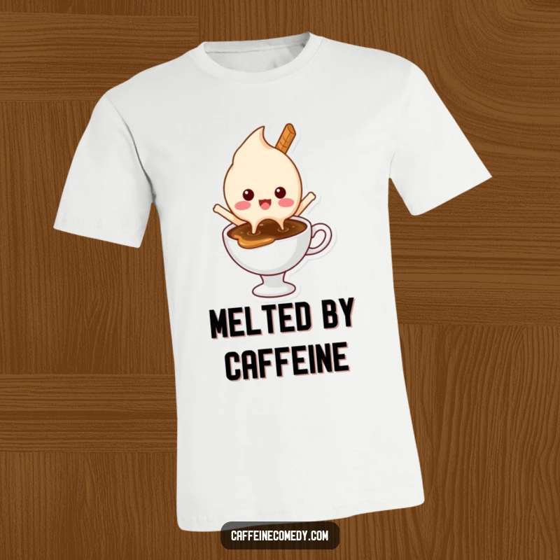 Funny t-shirt featuring a delighted ice cream character melting happily into a hot coffee, capturing a moment of sweet indulgence.