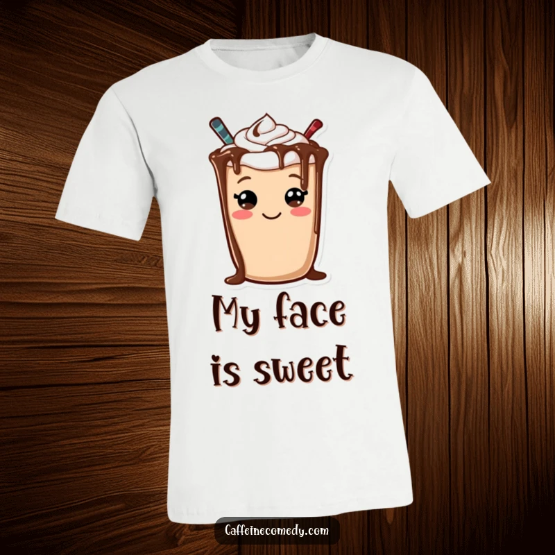Funny t-shirt featuring a cheerful mocha character with a chocolate drizzle forming a happy smiley face.