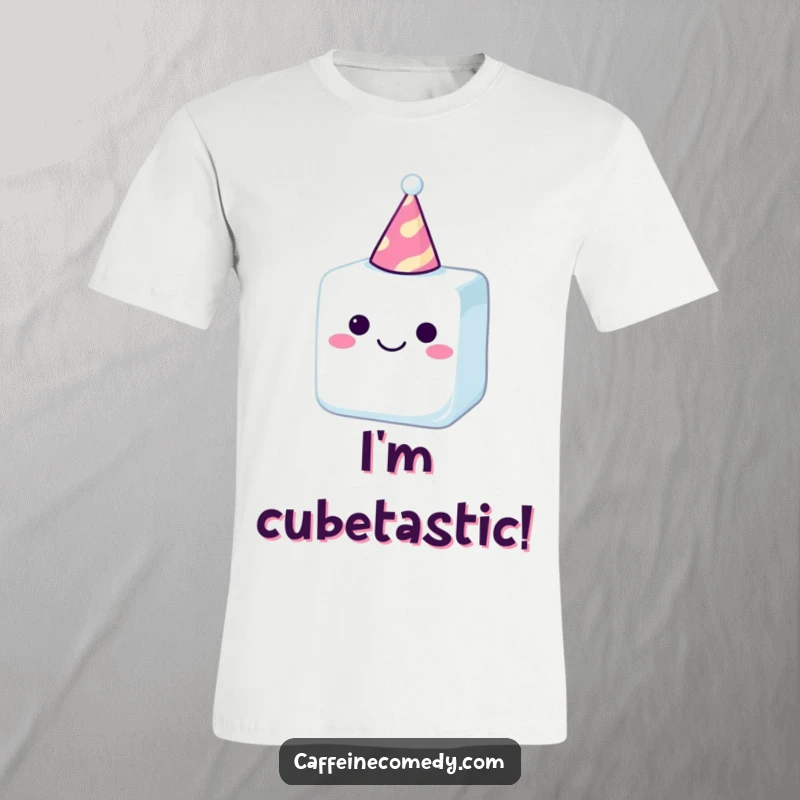 Funny sugar cube sporting a party hat, radiating happiness, printed on a t-shirt, perfect for cheerful occasions.