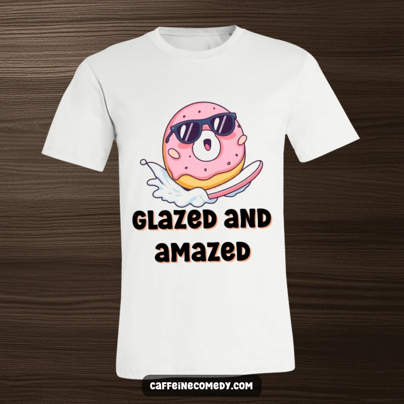 Funny t-shirt graphic featuring a surprised donut wearing sunglasses and surfing a milk wave, cool and humorous.