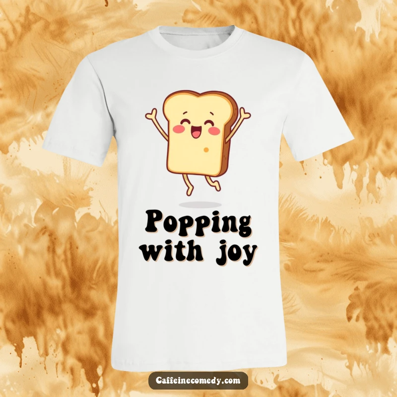 Funny t-shirt depicting a piece of toast character mid-air, jumping with immense surprise and ecstatic joy.