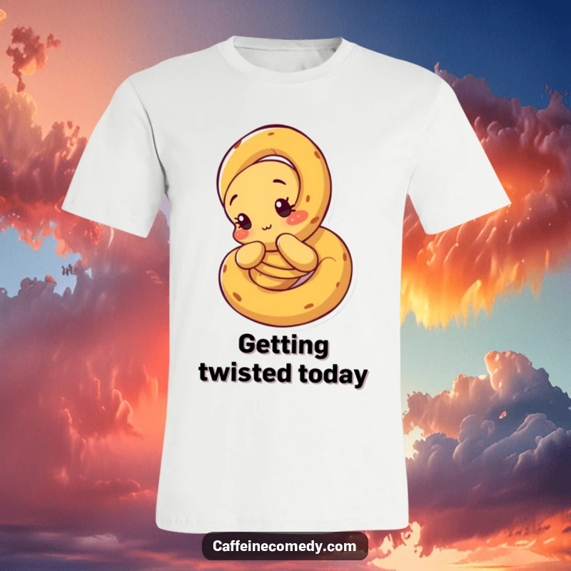 Funny Pretzel T-Shirt: A curious pretzel character starting to unravel, inviting contemplation and smiles.