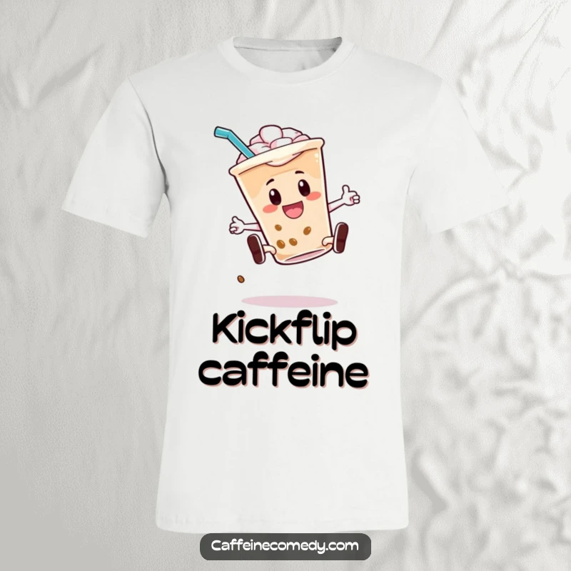Funny t-shirt with an energetic iced coffee character doing a cool kickflip with its straw, radiating awesome energy and style.