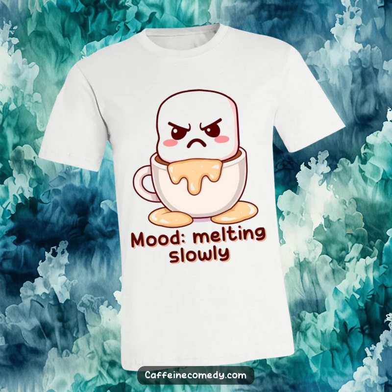 Funny grumpy kawaii marshmallow melting slowly into a cup of hot chocolate, printed on a soft t-shirt.