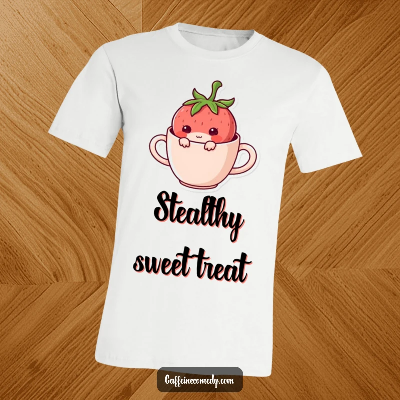 Funny Kawaii Strawberry Hiding T-Shirt: A mischievous strawberry character hides inside a coffee mug, showcasing playful charm.