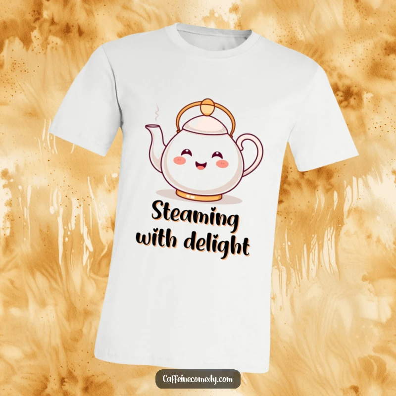 Funny Kawaii Teapot T-Shirt: A happy, smiling teapot pours a steamy stream, embodying the joy of a hot beverage.