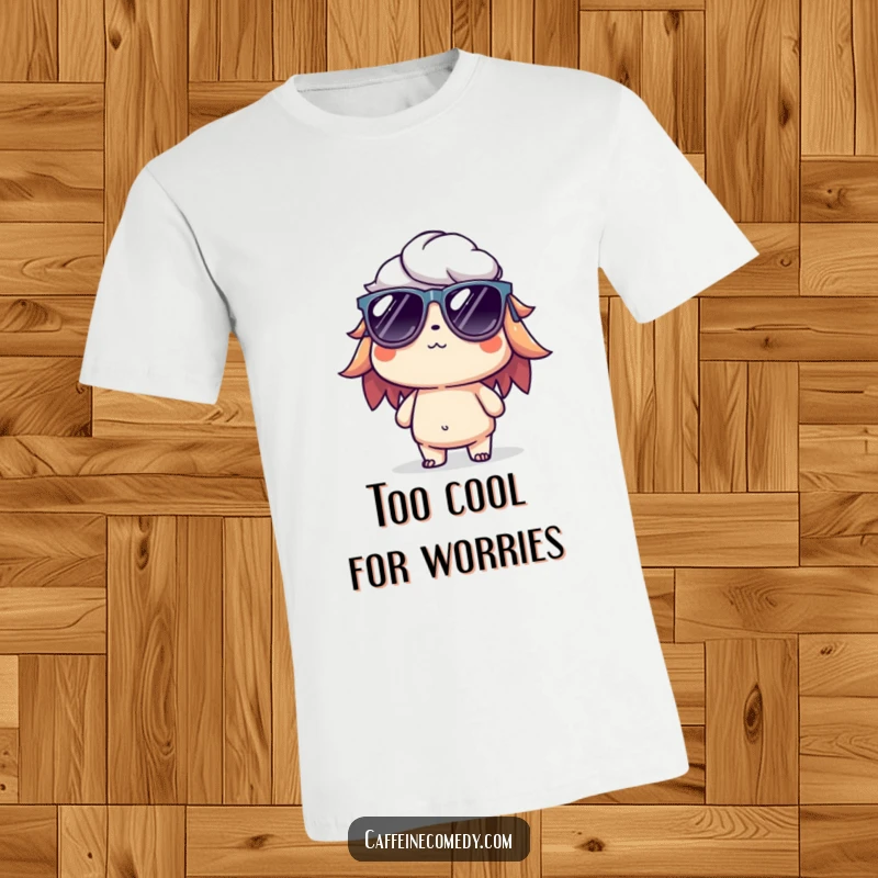 Funny t-shirt with a cool cold brew character sporting tiny sunglasses, looking effortlessly relaxed and stylish.