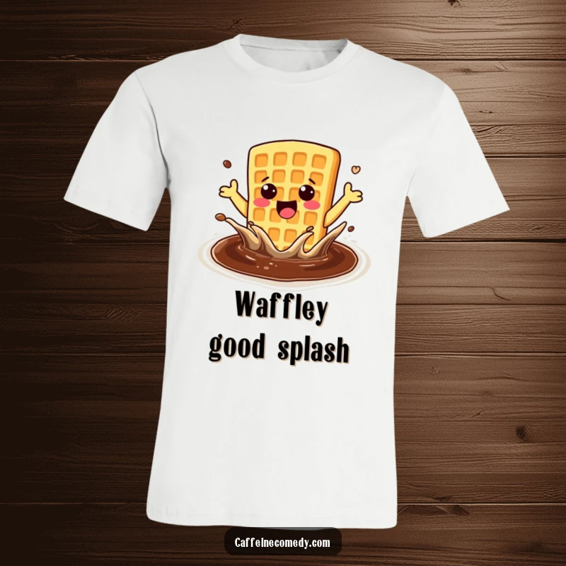 Funny enthusiastic kawaii waffle excitedly splashing in coffee, printed on a comfortable t-shirt.