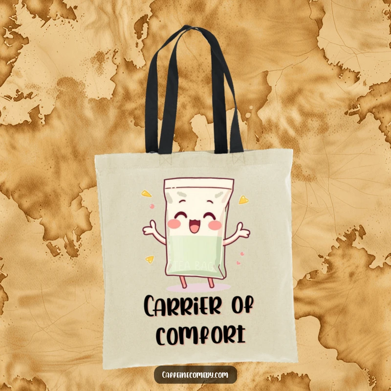 Funny tote bag showcasing a playful tea bag character enthusiastically dunking itself, a delightful accessory for tea enthusiasts.