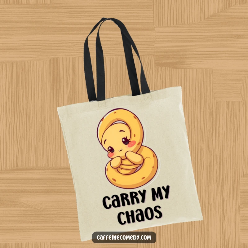 Funny Pretzel Tote Bag: A curious pretzel character unraveling itself, demonstrating a unique and thoughtful design.
