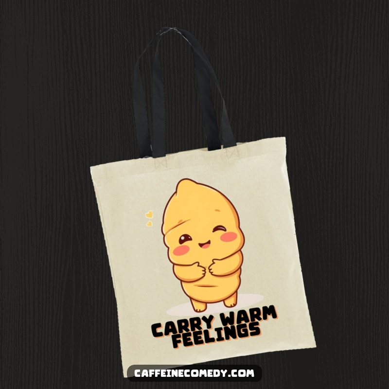 Funny tote bag showcasing a delighted croissant character offering a warm hug, a delightful accessory for carrying essentials with cheer.