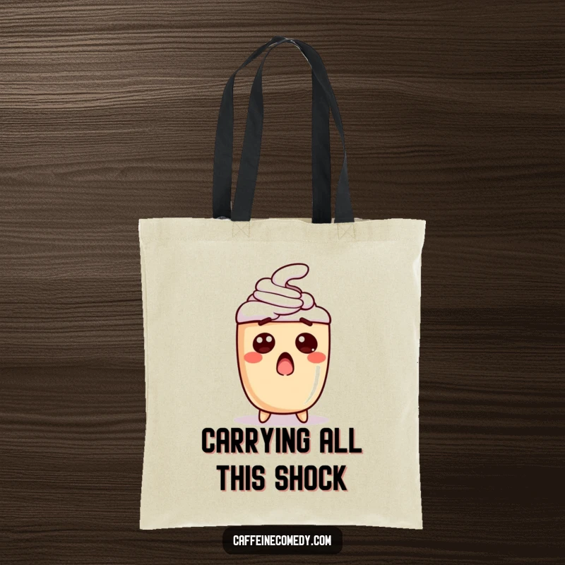 Funny tote bag featuring a surprised latte illustration, perfect for carrying daily items with a pop of coffee-themed humor.