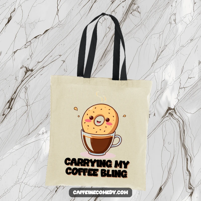 Funny kawaii bagel bopping rhythmically in a coffee cup, featured on a durable tote bag for everyday use.