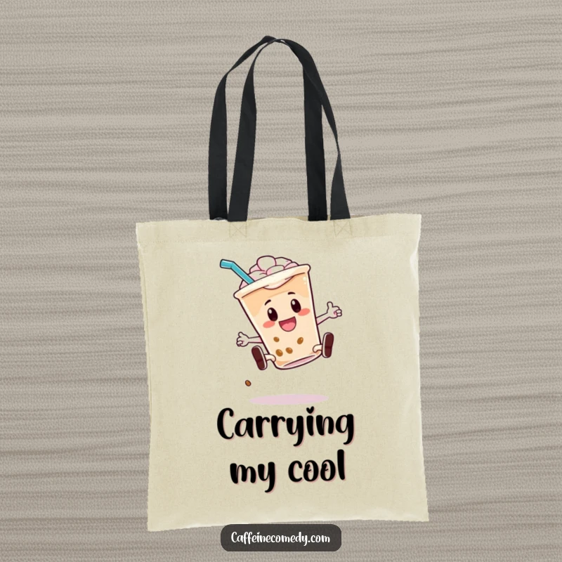 Funny tote bag showcasing an energetic iced coffee character doing a kickflip with its straw, perfect for carrying essentials in style.