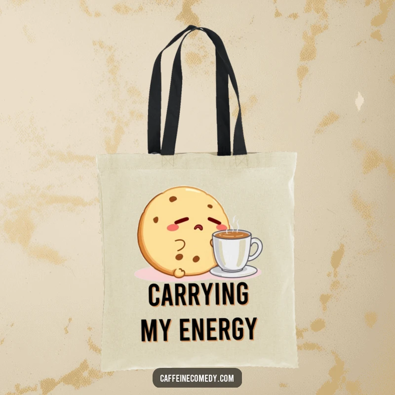Funny Kawaii Cookie Espresso Tote Bag: A sleepy cookie character yawns beside espresso, perfect for carrying essentials with morning humor.
