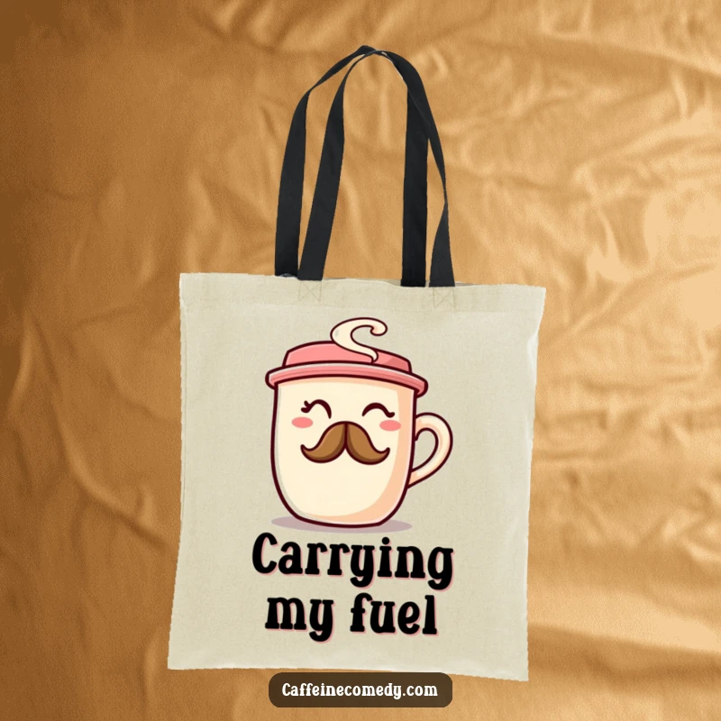 A chubby coffee cup character winking with a steam mustache, designed on a tote bag for coffee lovers.