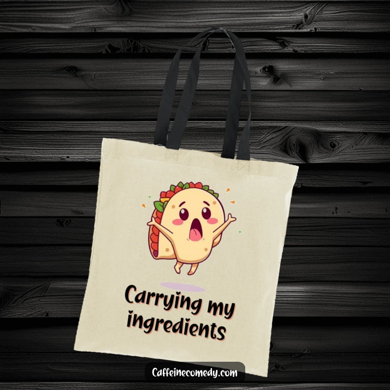 Funny tote bag illustrating a surprised taco character mid-cartwheel, its fillings dramatically scattering. A humorous and practical accessory.