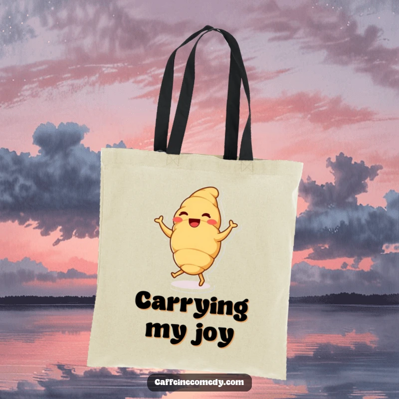 A delighted croissant character doing a dance, designed on a tote bag for carrying essentials and spreading smiles.