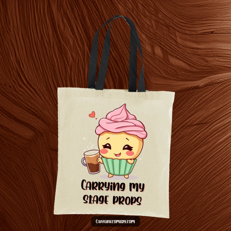 Funny tote bag featuring a giggling cupcake character in a dynamic pose with a frothy coffee, perfect for carrying essentials with humor.