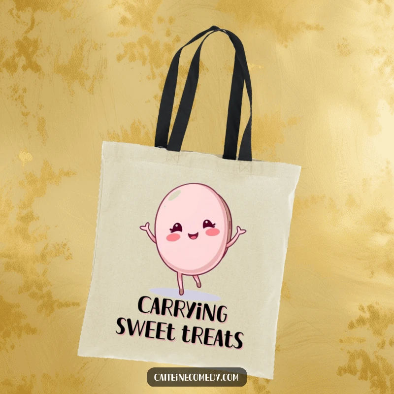 Funny Macaron Tote Bag: Features a pleased macaron character performing a graceful twirl, making this a stylish and humorous accessory for daily use.