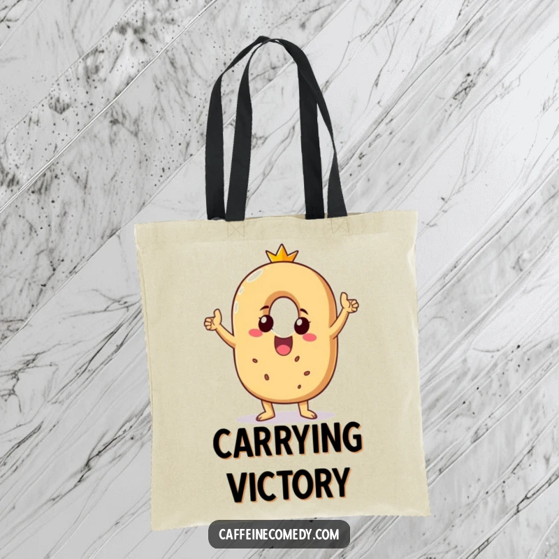 Funny tote bag with a beaming bagel character doing a victory dance, perfect for carrying essentials with cheerful energy.