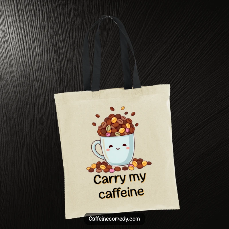 Funny tote bag illustration of a cheerful mug overflowing with colorful coffee beans, perfect for daily errands.