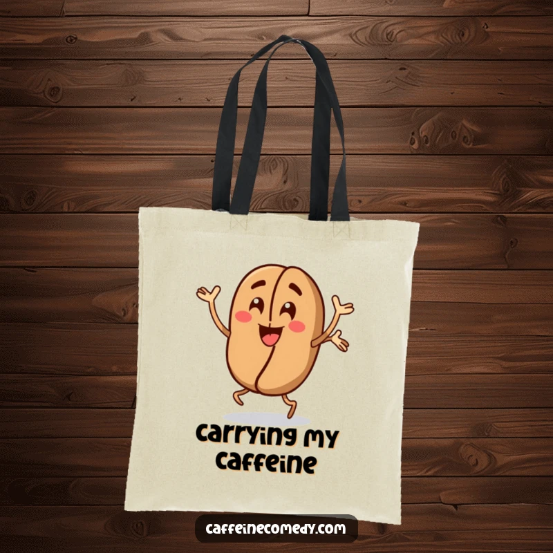 Funny Coffee Bean Tote Bag: A dynamic coffee bean character performs jumping jacks, making this a practical and humorous accessory for daily errands.