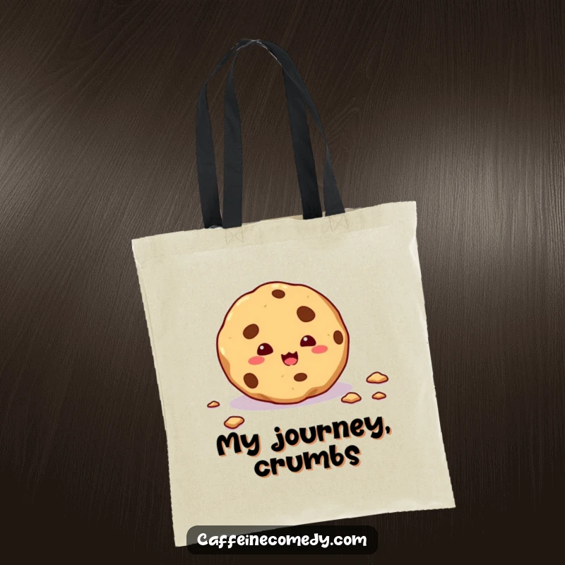 Funny tote bag illustration of a mischievous cookie leaving a trail of crumbs, perfect for carrying sweet finds.