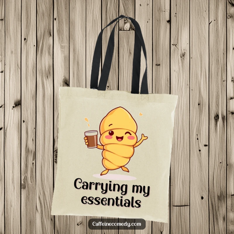Funny Croissant character holding a coffee cup while jigging, practical tote for groceries or essentials, cheerful and energetic.