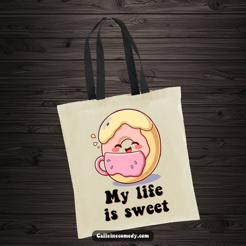 Funny smiling donut winking while sipping from a giant coffee cup, durable and stylish tote bag for daily use.