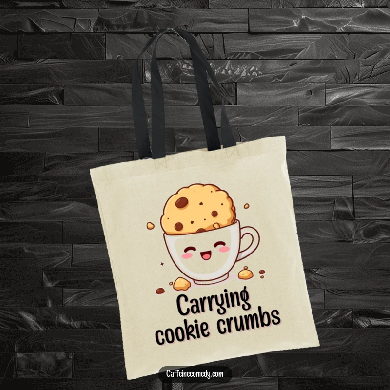 Funny kawaii cookie diving into coffee, durable tote bag, stylish accessory, crumbly and humorous design, everyday carry-all.