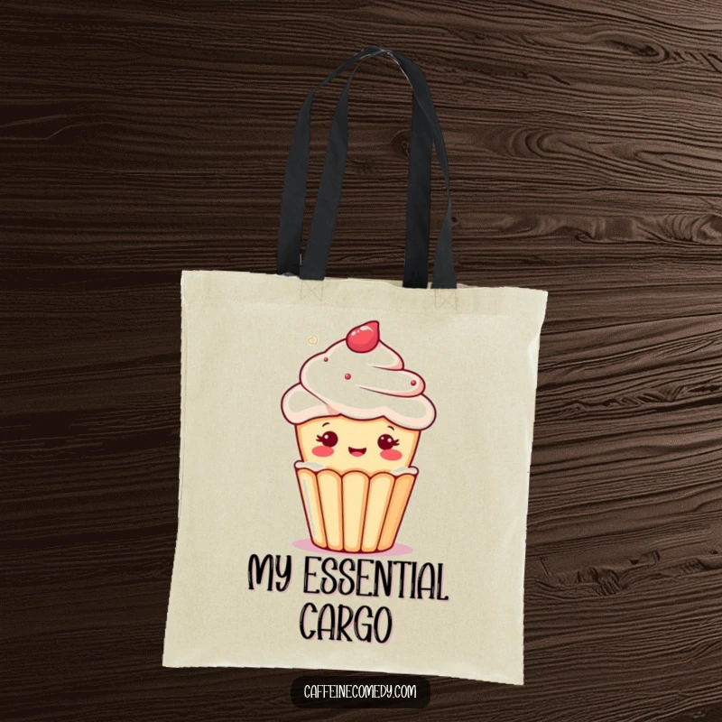 Funny kawaii cupcake character offering a cheerful wink from a mug of foamy coffee, on a stylish tote bag.