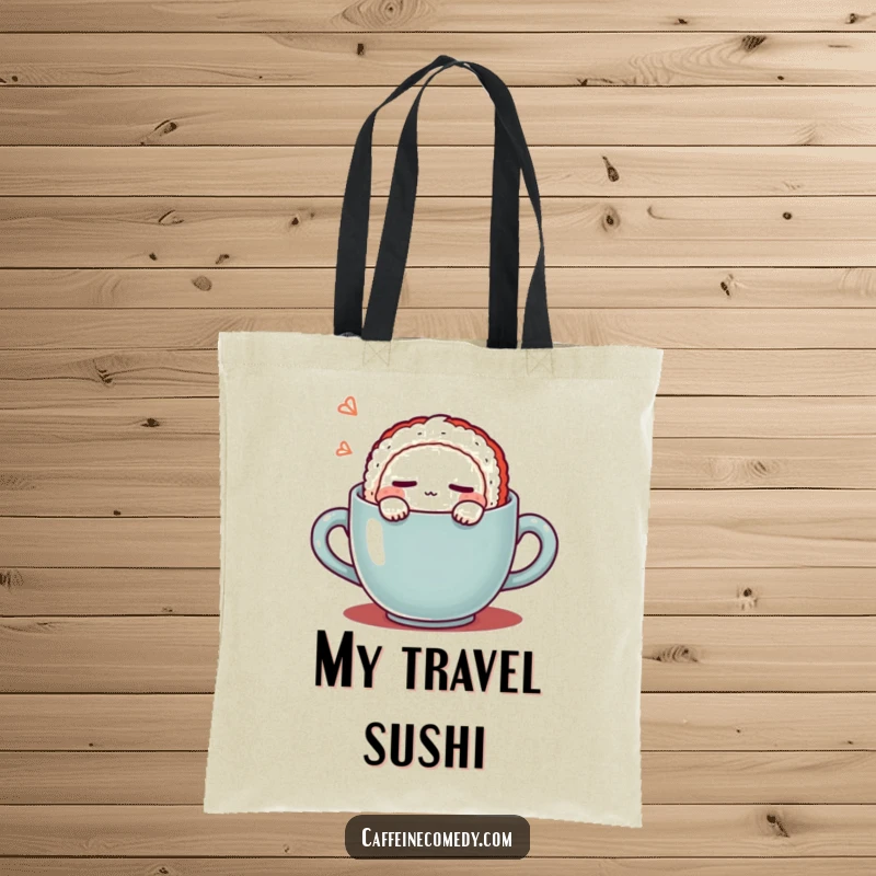Funny Kawaii Sushi Coffee Tote Bag: Durable tote with a cute sushi character sleeping in a coffee mug, functional and humorous. A practical funny gift.