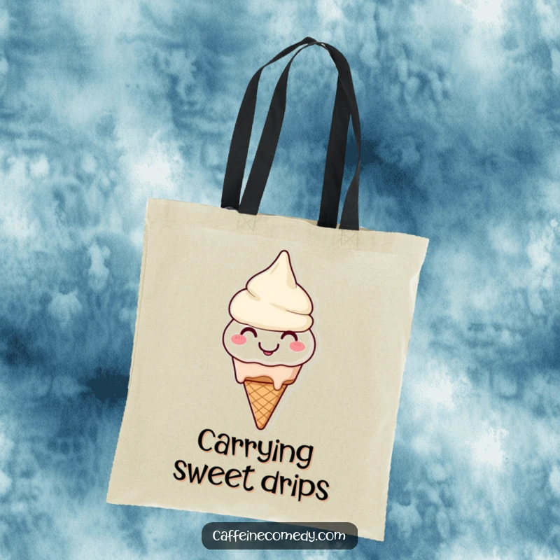 Funny Ice Cream Tote Bag: A smiling ice cream cone character cheerfully melting, perfect for carrying essentials with sweetness.