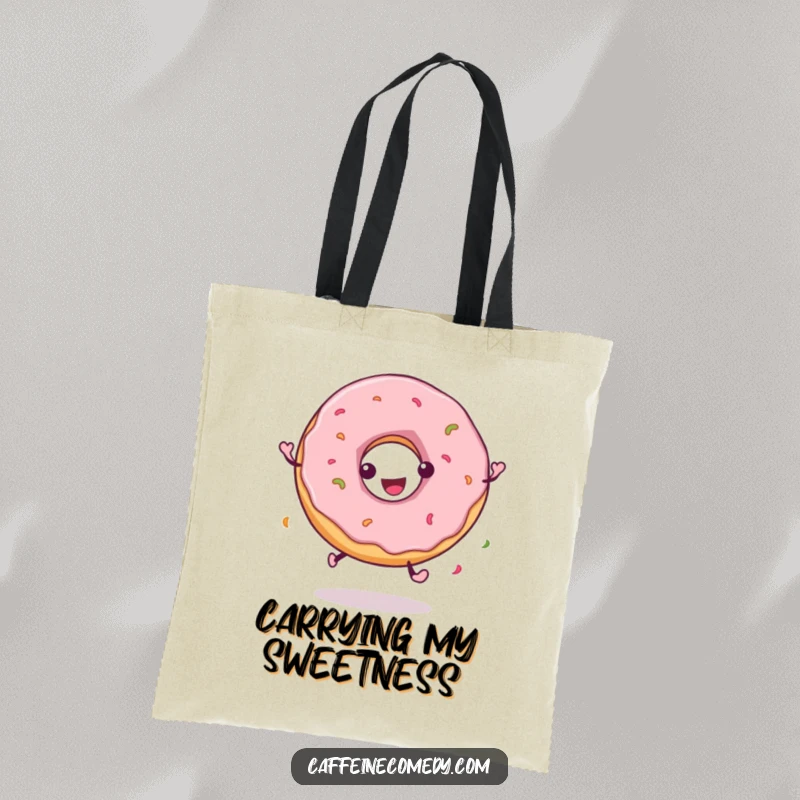 Funny tote bag illustrating a playful donut character spinning happily, perfect for carrying everyday items with a touch of sweetness.