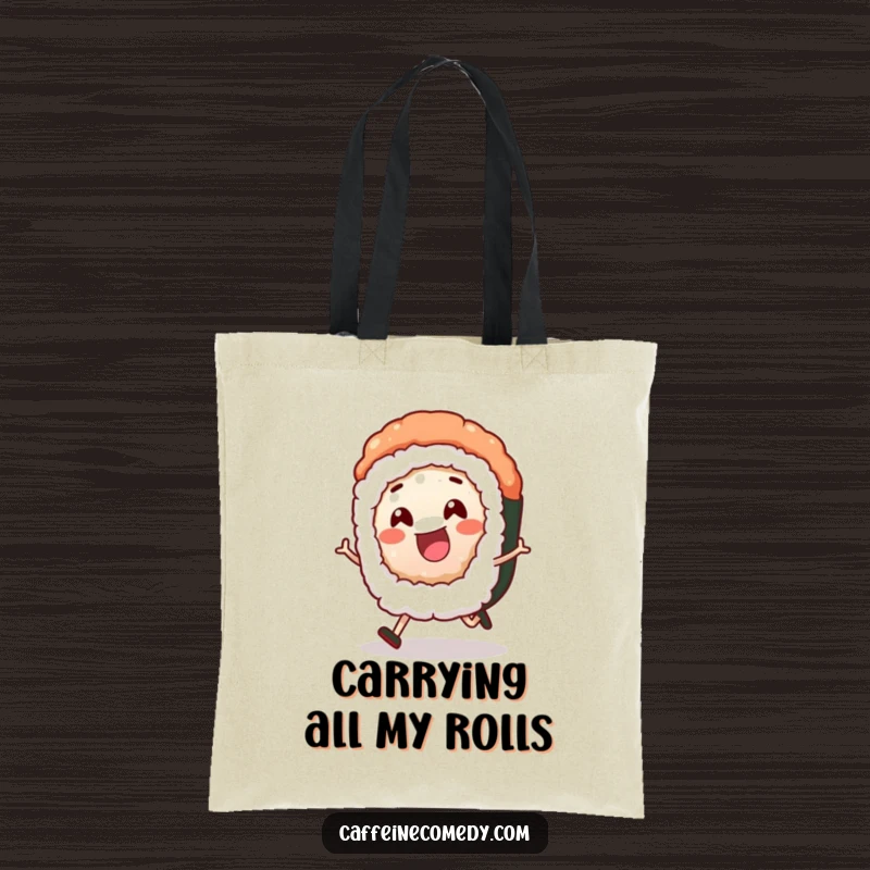 Funny sushi roll character in mid-roll, depicted on a durable tote bag, ready for errands and spreading smiles.