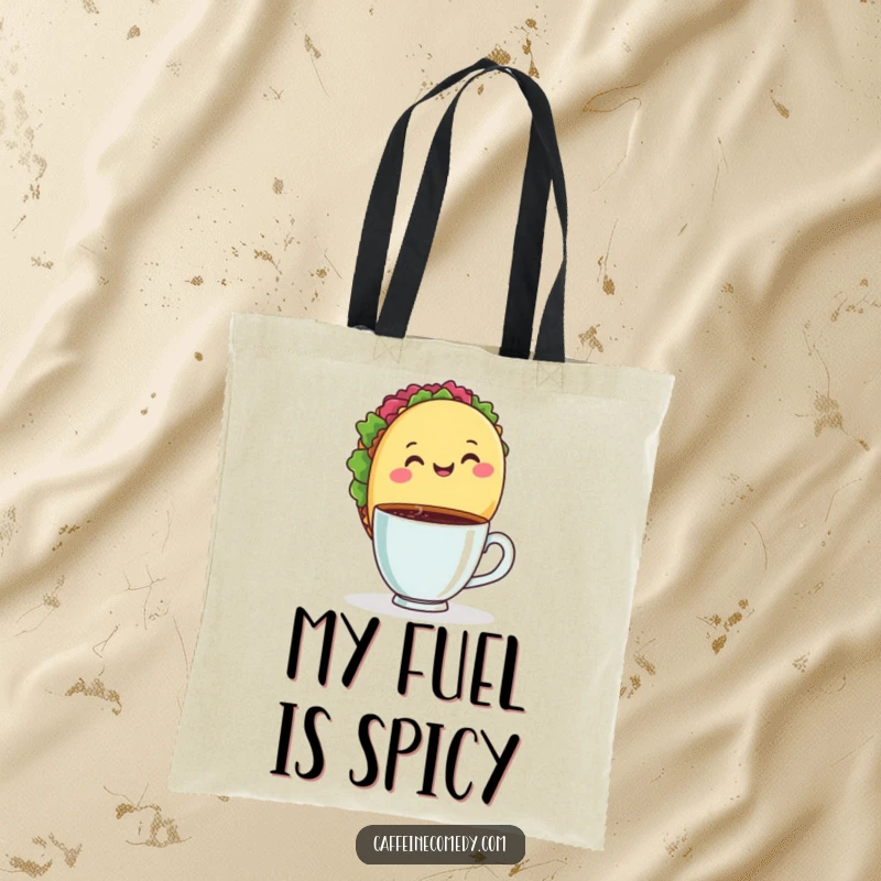Funny tote bag showcasing a happy taco with a coffee cup, perfect for grocery runs or carrying daily essentials with a smile.