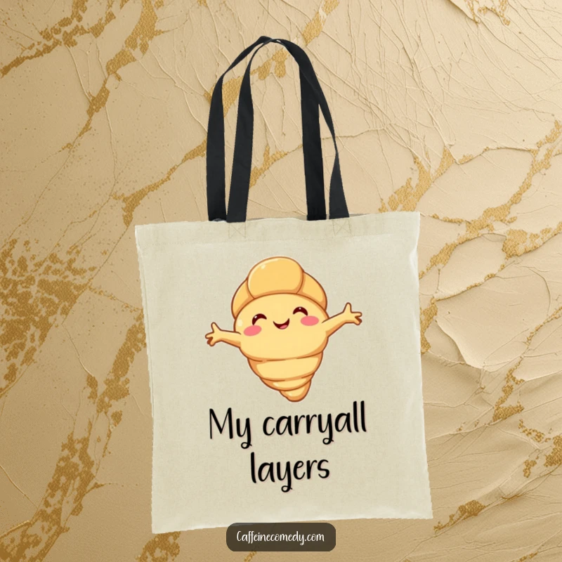 Funny happy croissant character stretching its flaky arms, on a durable tote bag for stylish and humorous carrying.