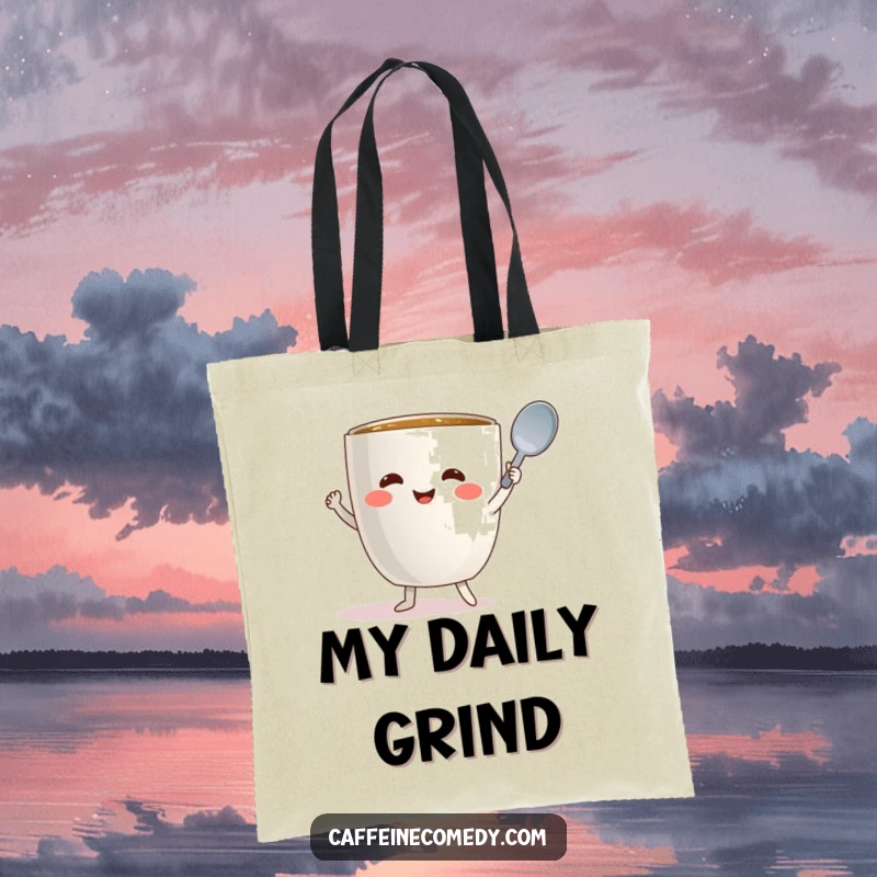 Funny coffee mug character dancing with a spoon, a practical and humorous tote bag.