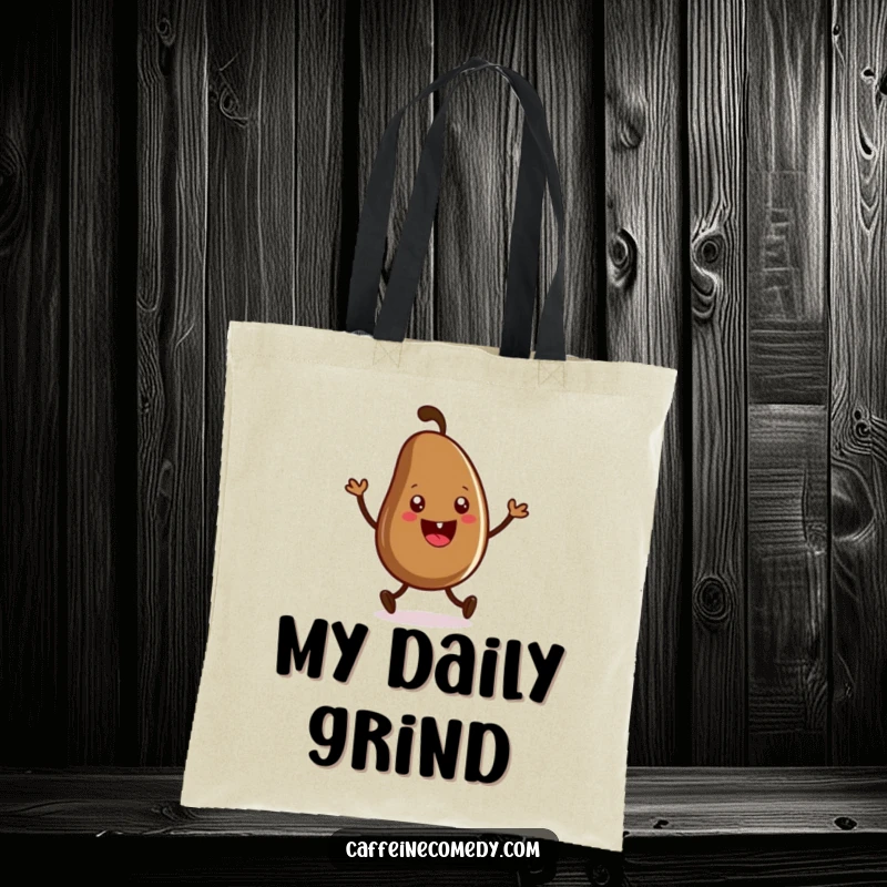 Funny tote bag featuring a grinning coffee bean character performing a happy jig, perfect for carrying coffee-related items and joy.