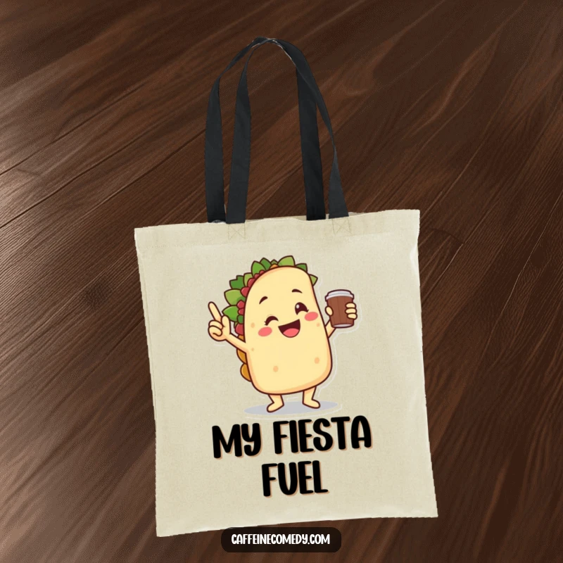 Funny smiling taco character dancing triumphantly while holding a coffee cup, perfect for this practical and humorous tote bag.