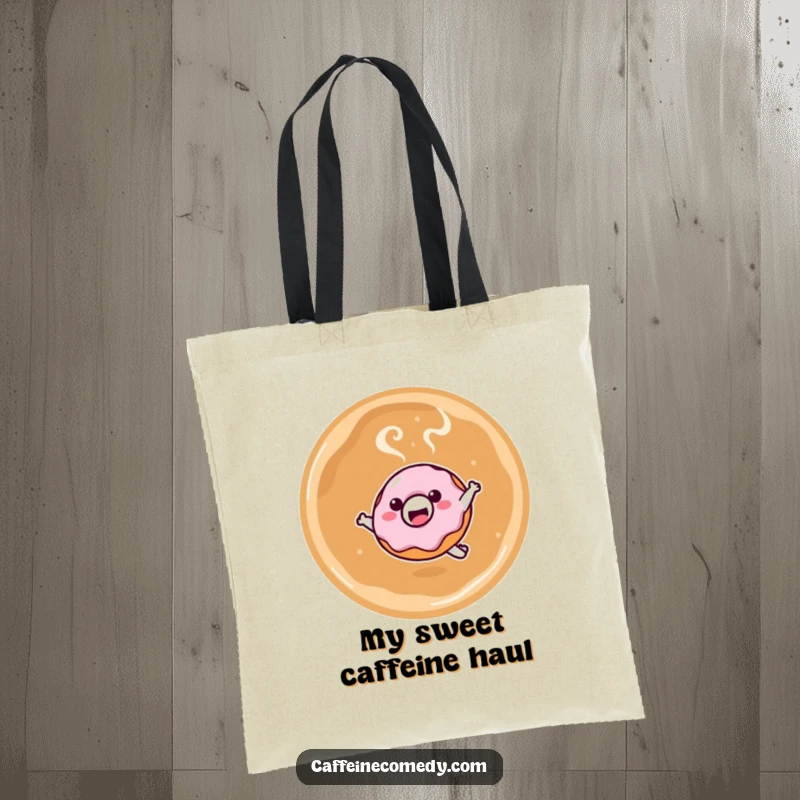 Funny tote bag with a smiling kawaii donut character leaping into a steaming latte, perfect for carrying essentials with a dose of sweet humor.