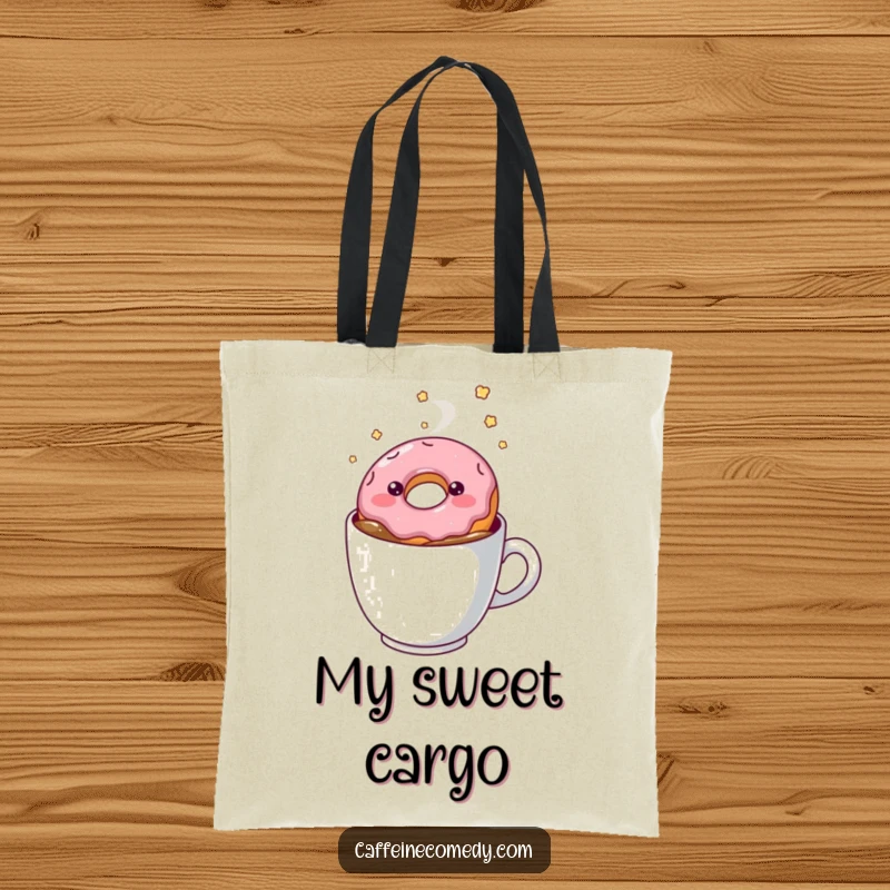 Funny kawaii doughnut floating in coffee, durable tote bag, stylish accessory, sweet and humorous design, everyday carry-all.