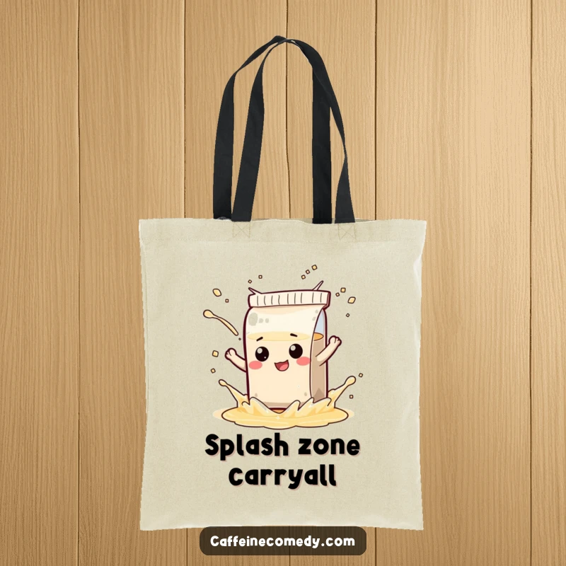 Funny tote bag with a mischievous tea bag character playfully splashing, perfect for carrying groceries with humor.
