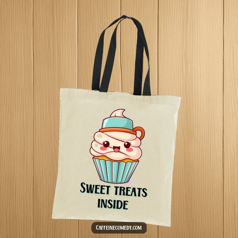 Funny Kawaii cupcake character with a coffee mug hat, captured on a practical and stylish tote bag.
