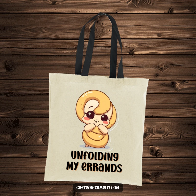 Funny pretzel tote bag featuring a pretzel character comically unraveling, ideal for carrying everyday items and ponderings.
